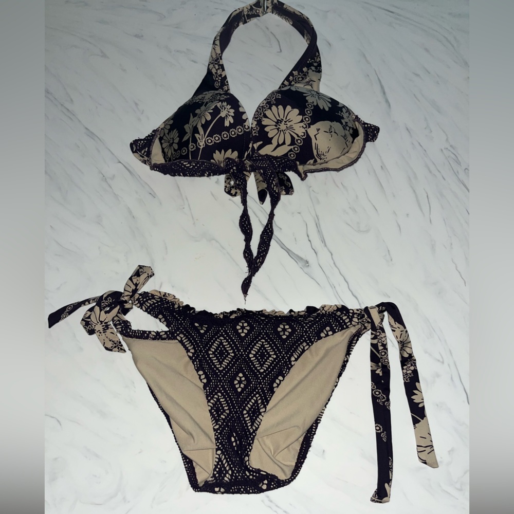 Becca bikini set ruffle lace floral tan 2 pc swim suit m underwire Halter padded